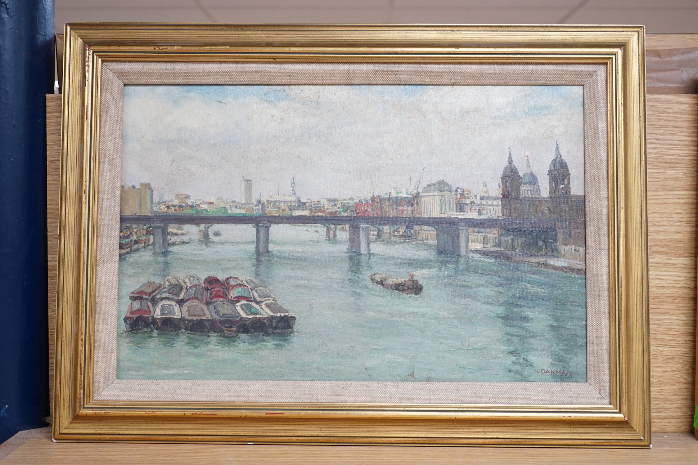 Jill Oakman, oil on canvas, Cannon Street Bridge and City from London Bridge, signed, 29 x 44cm